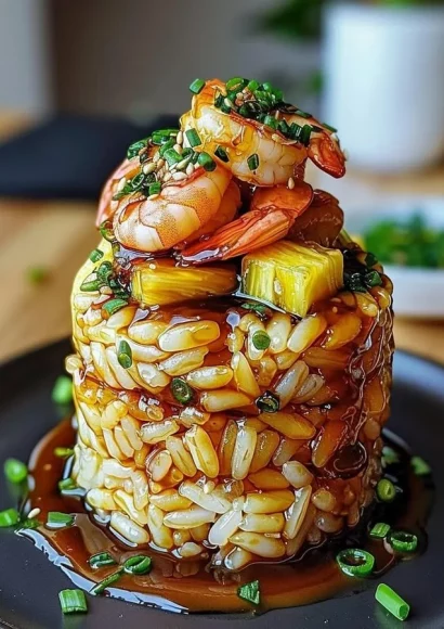 Teriyaki shrimp served with colorful pineapple rice stack
