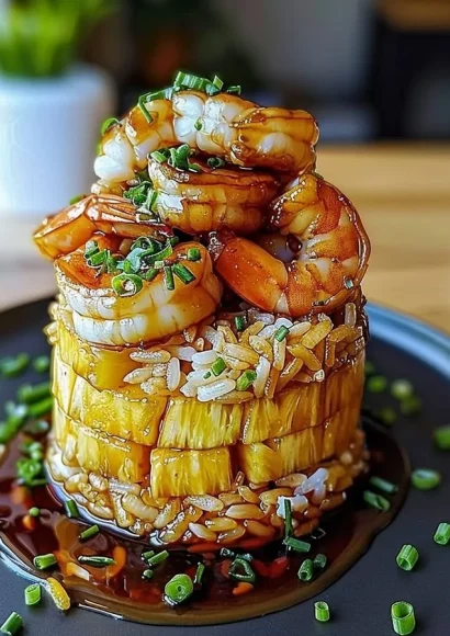 Delicious teriyaki shrimp served with a colorful pineapple rice stack