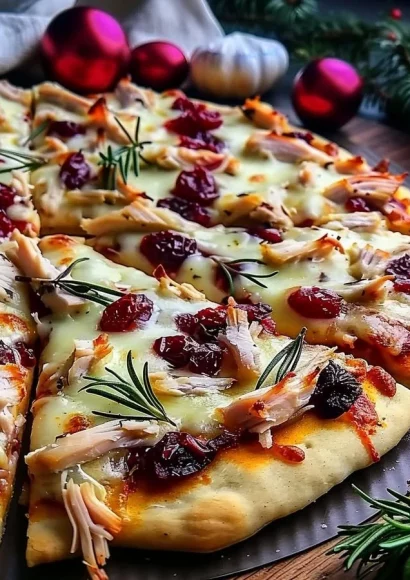 Thanksgiving leftover turkey and cranberry pizza on a wooden table