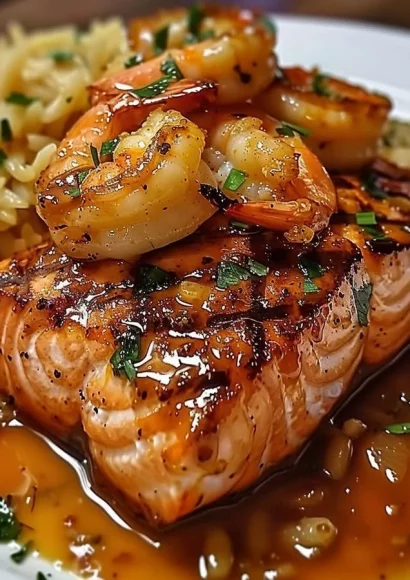 Spicy Cajun salmon and shrimp dish garnished with herbs