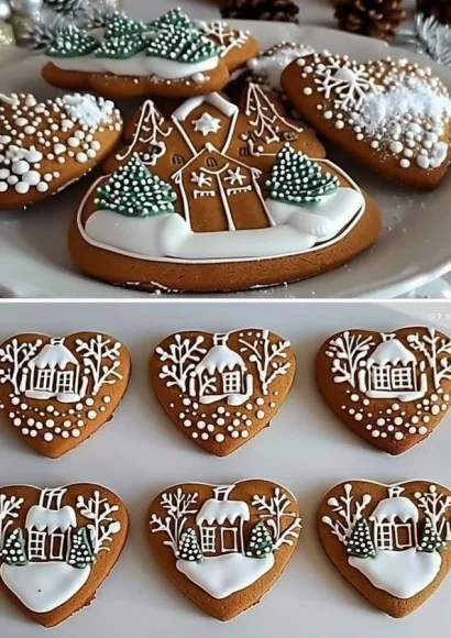 Traditional gingerbread cookies decorated with a winter village theme.