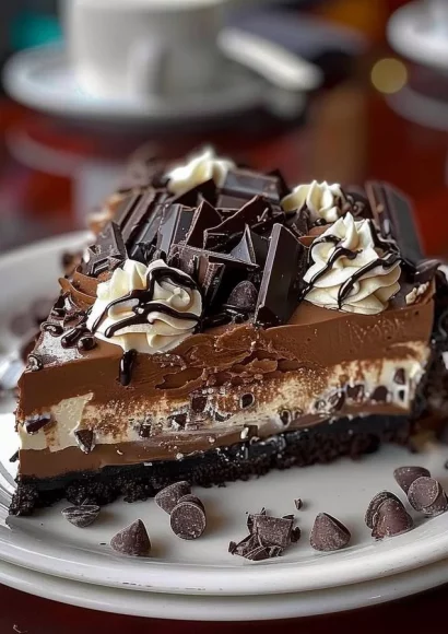 Decadent triple chocolate cheesecake topped with chocolate shavings and whipped cream
