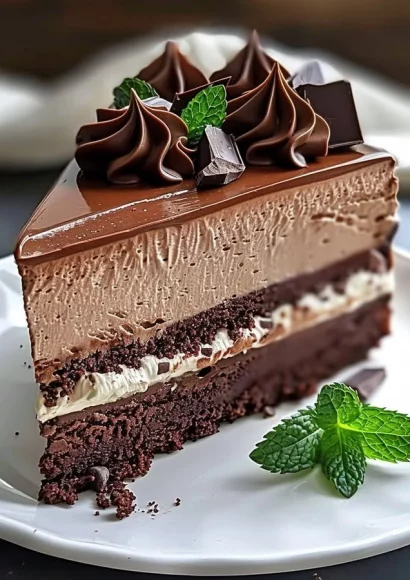 Delicious triple chocolate mousse cake layered with rich chocolate flavors