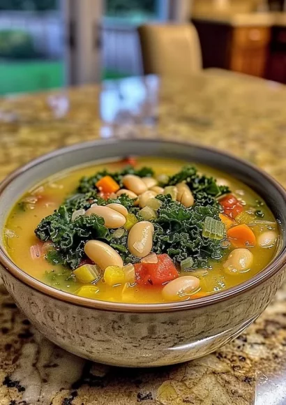 Bowl of Tuscan White Bean and Kale Soup garnished with fresh herbs