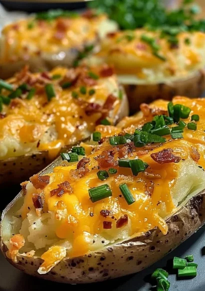 Delicious twice baked potatoes topped with cheese and chives