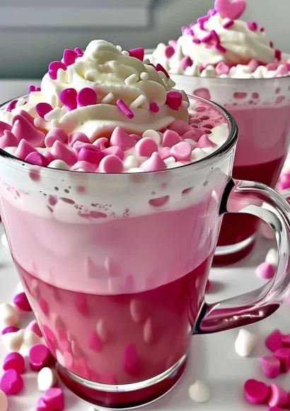 Delicious Valentine's Day pink hot chocolate topped with whipped cream and sprinkles.