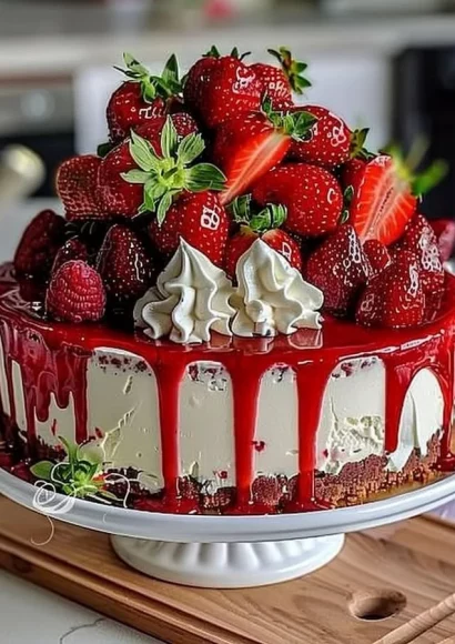 Delicious Velvet Strawberry Cheesecake with fresh strawberries on top