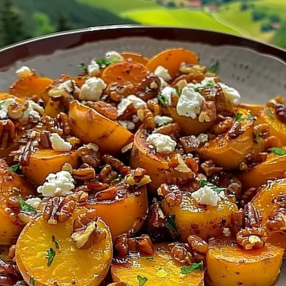 Walnut Maple Goat Cheese Roasted Sweet Potatoes garnished with herbs