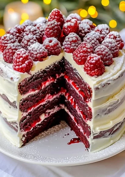 Delicious white chocolate raspberry cake topped with fresh raspberries and cream.