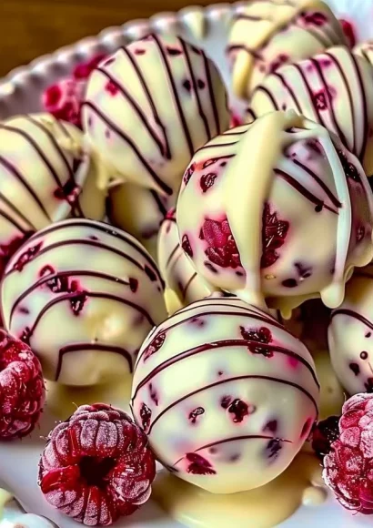 Delicious white chocolate raspberry cheesecake balls on a platter