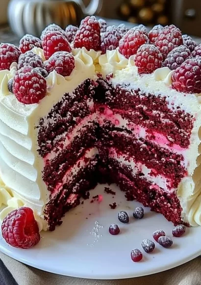 Elegant slice of White Chocolate Raspberry Dream Cake topped with fresh raspberries.
