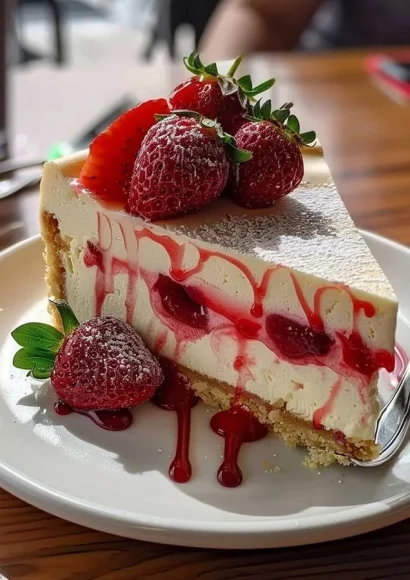 Delicious slice of white chocolate strawberry cheesecake with fresh strawberries on top