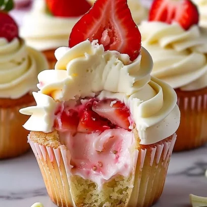 White chocolate strawberry cupcakes topped with fresh strawberries and creamy frosting