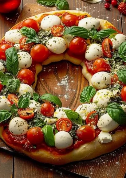 Festive Wreath Pizza decorated with holiday ingredients for celebrations