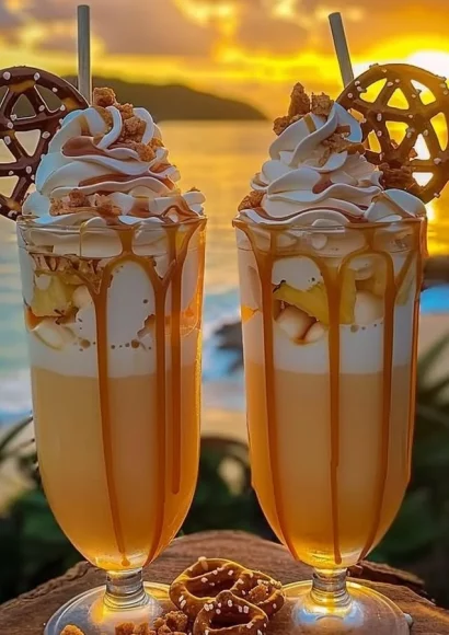 XOXO Caramel Colada cocktail with caramel drizzle and tropical fruit garnish